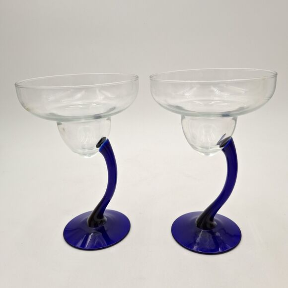 Libby Bravura Margarita Glasses Cobalt Blue Curved Stem 7.25" Set Of 2 - Picture 3 of 10